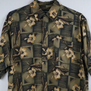 VTG Puritan Mens Large Hawaiian Shirt Olive Green Marlin Hibiscus Rayon Aloha L
